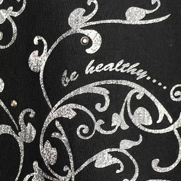 Catherines Womens V-Neck Top 2X Black Silver Foil Floral Script Cotton Tee - Picture 3 of 10